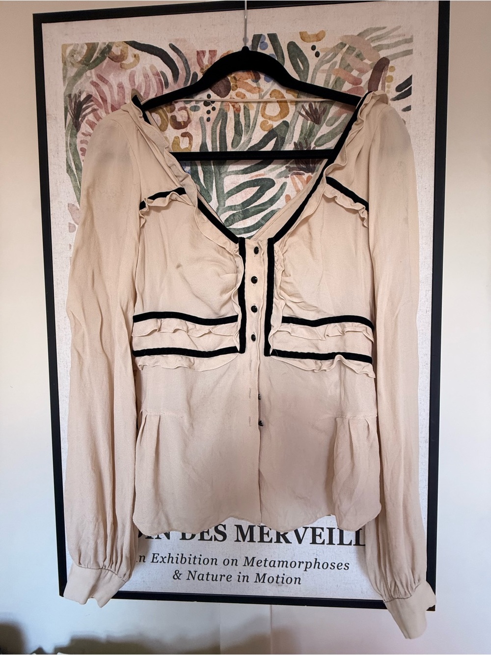 Vintage Robert Rodriguez Cream Blouse with Black Trim and Ruffle Details